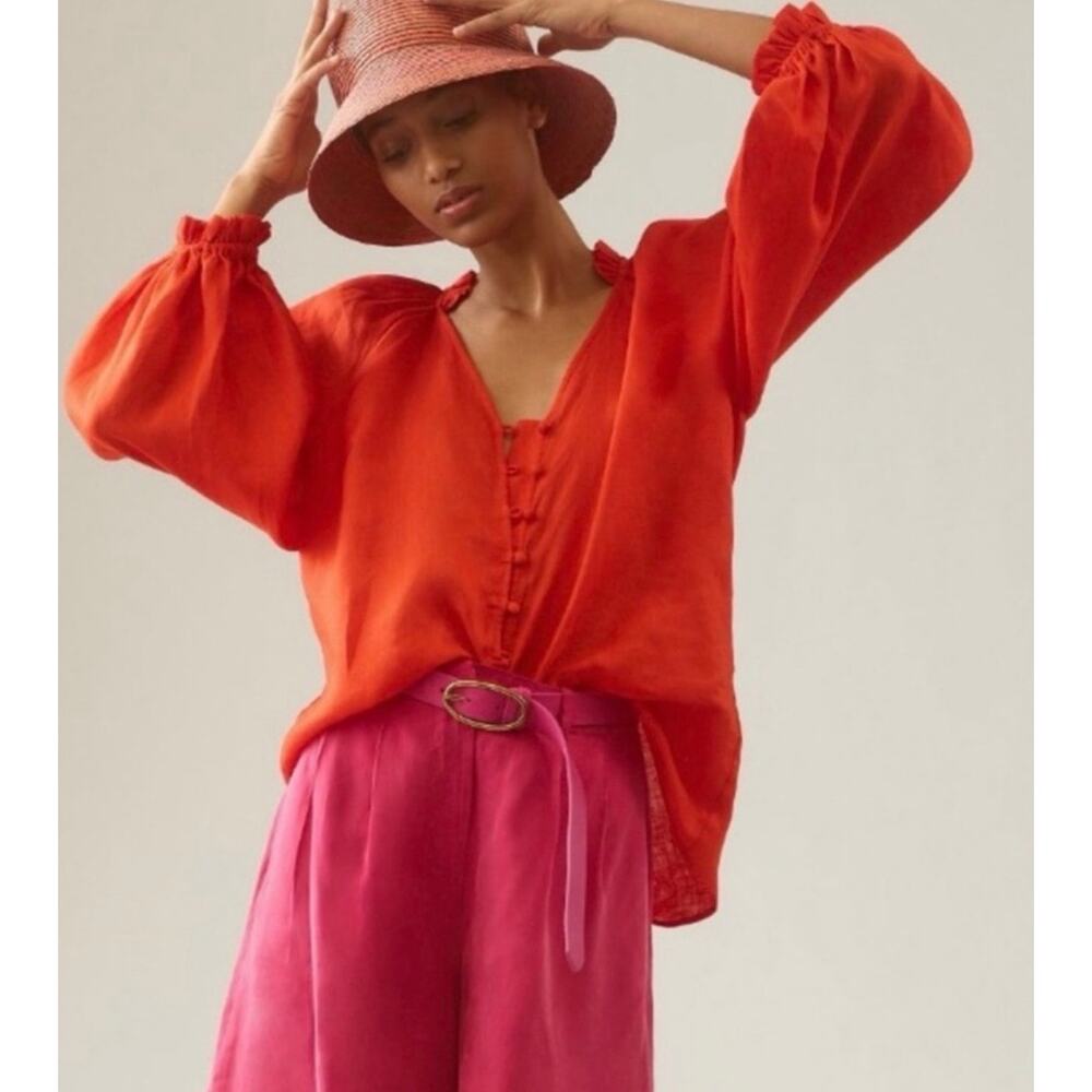Anthropologie Maeve LINEN The Audie Puff-Sleeve Oversized Top Shirt Large